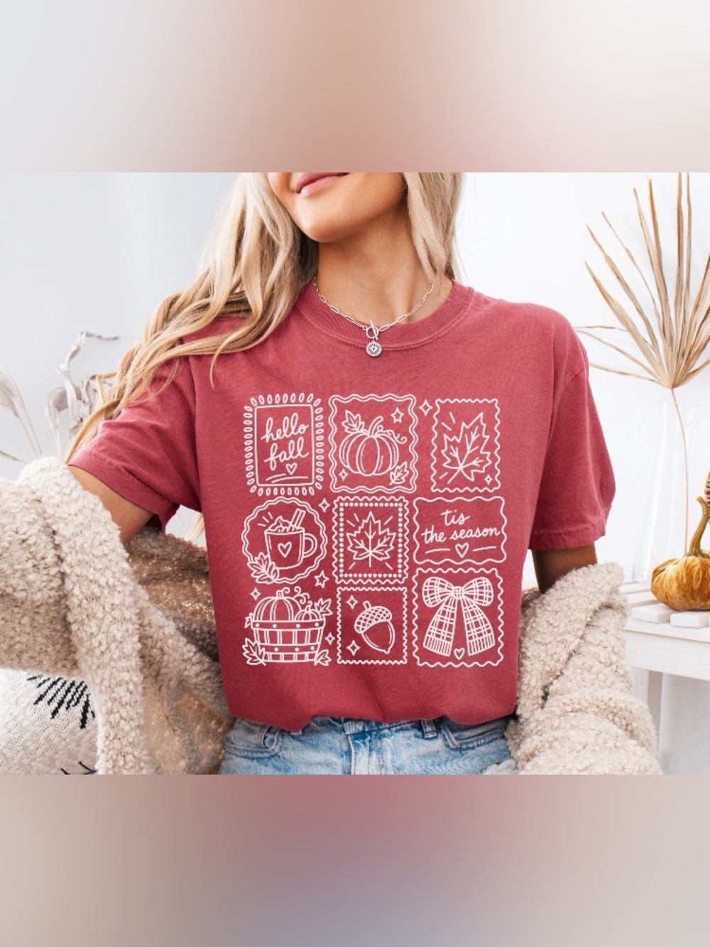 Comfort Colors Autumn Patchwork Doodle Tee, Hello Fall Graphic T-Shirt
